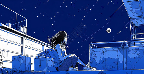 欣赏夜景夜晚坐在房子天台上欣赏星星的卡通小女孩插画