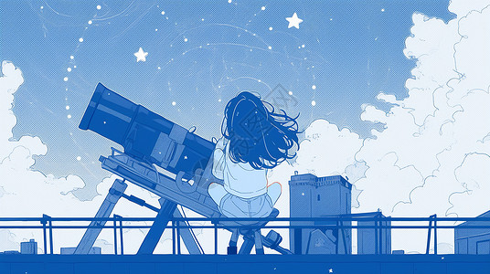 抬头看天天台上欣赏星星的卡通小女孩插画