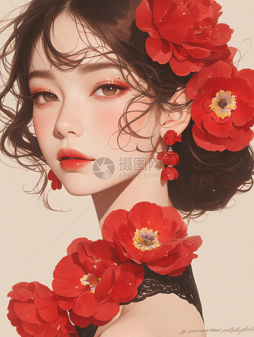 头戴红色花朵优雅漂亮的古风卡通女人图片