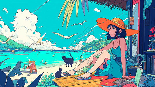 头戴遮阳帽坐在湖边欣赏风景悠闲度假的卡通女孩背景图片