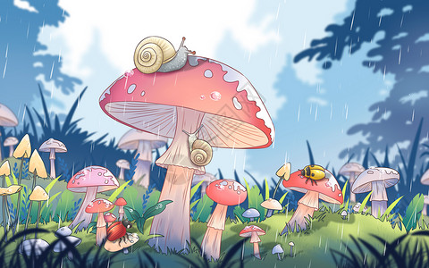 草黄蘑菇二十四节气惊蛰蘑菇草丛中昆虫甲壳虫蜗牛手绘插画插画