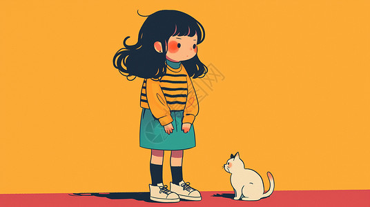 扁平风可爱的卡通小女孩与她的宠物猫背景图片