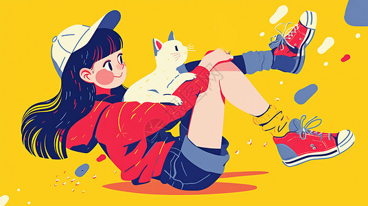 卡通年轻女孩与宠物猫一起玩耍背景图片