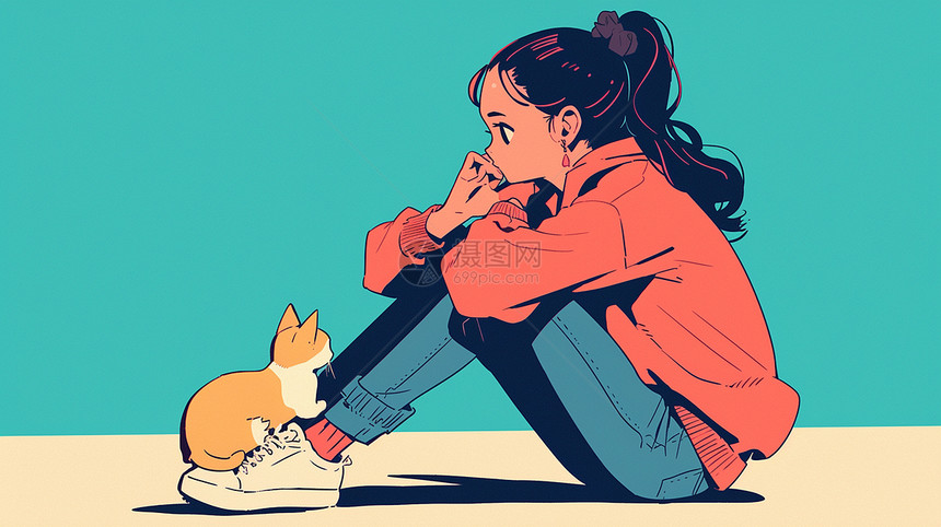可爱卡通小猫趴在女孩鞋上图片
