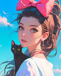 黑色蝴蝶结头戴蓝色蝴蝶结的卡通女孩与她的黑色宠物猫插画