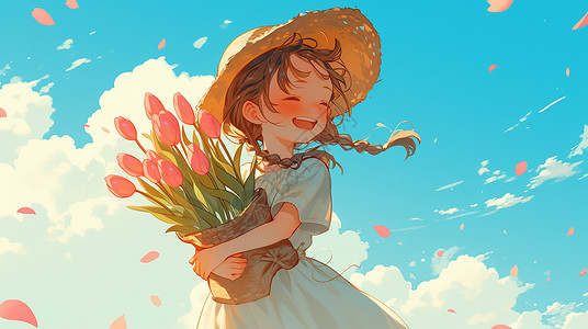 女孩开心在起舞春天在郁金香花园中抱着花束开心笑的卡通女孩插画