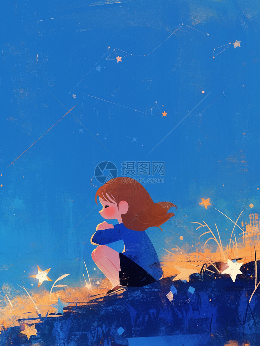坐在深蓝色星空下一个情绪失落的卡通女孩图片