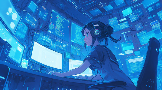 电脑办公女孩夜晚坐在电脑前办公的卡通女孩插画
