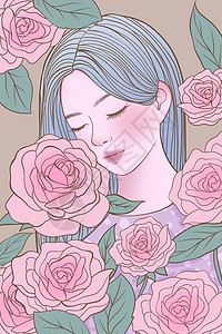 线描玫瑰花长发女生插画背景图片