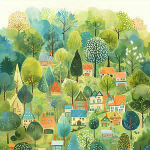 春天卡通森林中美可爱的小村庄背景图片