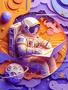 紫色剪纸风时尚立体科幻的卡通宇航员背景图片