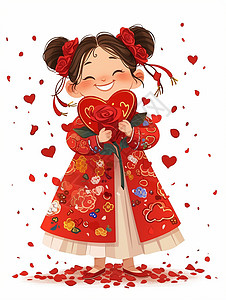 喜庆红色古风服装扎两个丸子头开心笑可爱的卡通小女孩背景图片