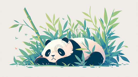 趴着睡觉竹林中一只可爱的卡通大熊猫插画