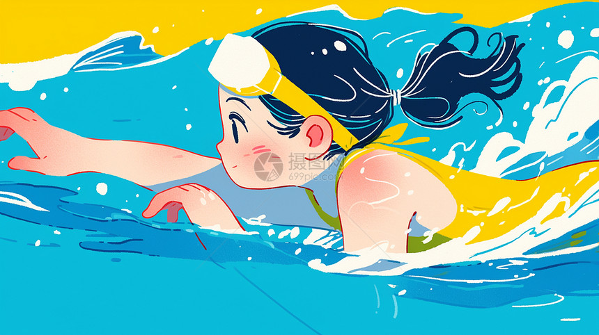 一个在泳池中游泳的可爱卡通小女孩图片