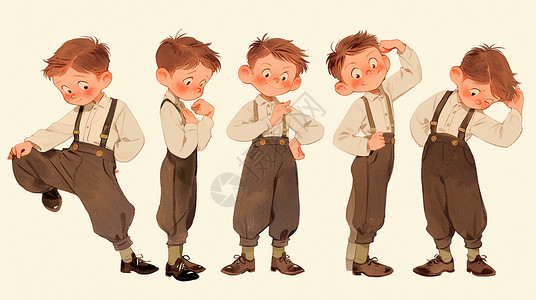 背带裤男孩可爱的卡通小男孩多角度动作与表情插画
