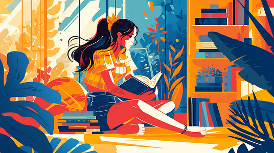 午后坐在温暖的阳光下认真读书的扁平风卡通女孩背景图片