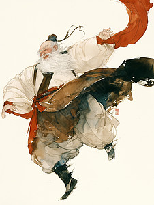 白胡子古风装扮卡通老爷爷在跳舞背景图片