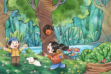 浇树男孩手绘水彩之春天森林探险去露营插画插画