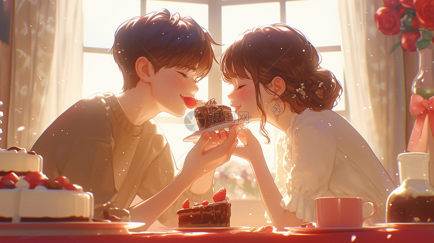 一对甜蜜的卡通情侣在一起吃蛋糕图片