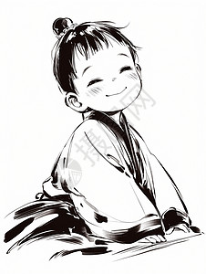 人物素材线稿古风服装可爱的卡通小男孩在微笑插画