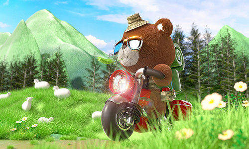 c4d立体小熊骑摩托车自驾游户外旅行场景3d插画背景图片