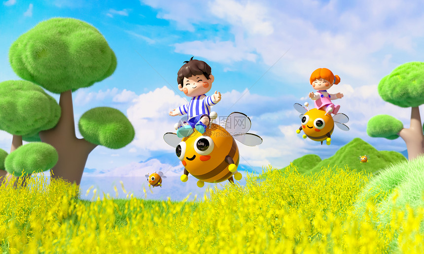 c4d立体男孩女孩骑蜜蜂飞翔在油菜花丛中3d插画图片