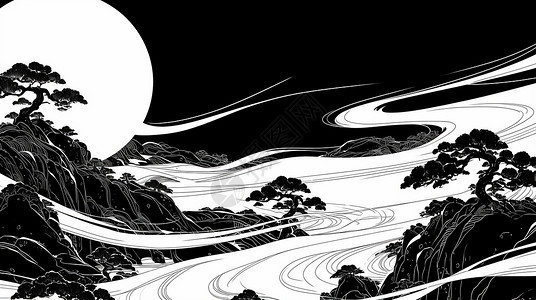 山川大海黑色古风唯美的卡通山水风景画插画