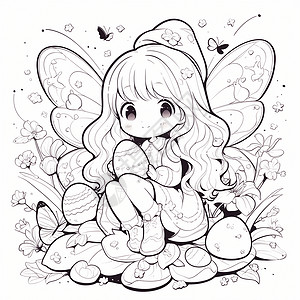 花仙子背景有蝴蝶翅膀的可爱卡通小女孩黑白线稿插画插画