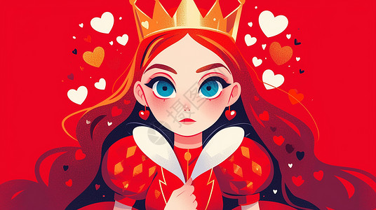  红桃皇后戴着皇冠穿红色裙子的卡通王后插画
