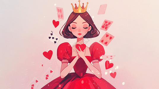  红桃皇后穿红色裙子戴着皇冠的卡通王后插画