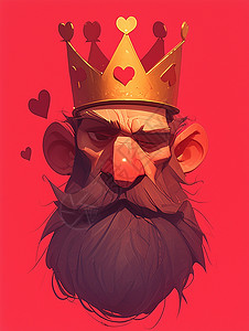 红桃戴着皇冠的卡通长胡子国王头像插画