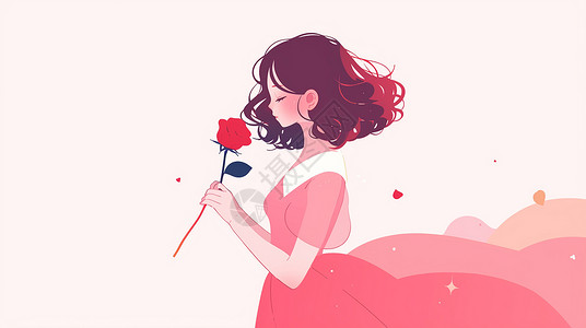 卡通玫瑰花女孩手拿玫瑰花优雅漂亮的卡通女孩插画