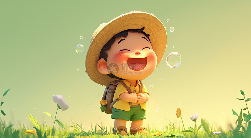 春天戴着草帽背着书包站在草丛中开心笑的卡通小男孩图片