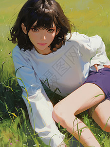 穿着白色上衣紫色短裤卡通女孩背景图片