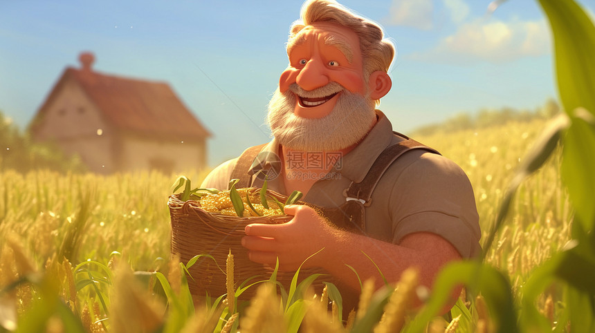 怀抱玉米开心笑的卡通农民图片