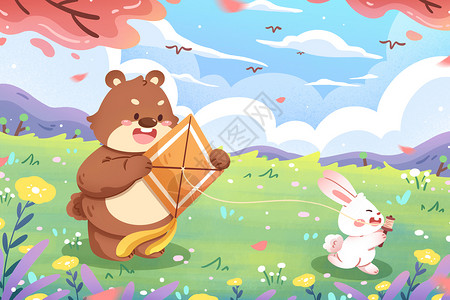 藏族兔子春天放风筝卡通插画插画