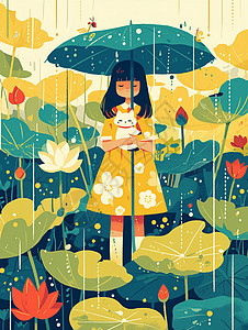 雨中行走的儿童卡通插画拿着巨大的荷叶走在雨中与宠物猫一起欣赏风景的卡通女孩插画