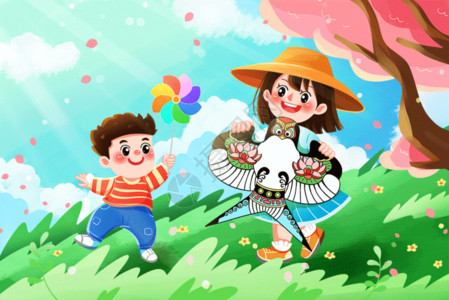 儿童足球插画春天春游踏青放风筝的姐弟GIF高清图片