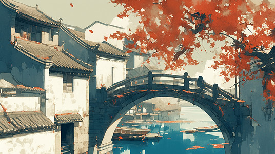 江南水乡手绘水墨风卡通古建筑山水画背景图片