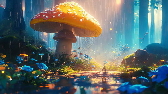 雨中卡通森林里一个巨大的卡通蘑菇背景图片