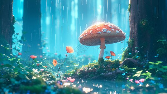 森林里的蘑菇雨中卡通森林里卡通蘑菇插画