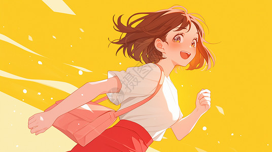 挎包的女孩背着挎包开心奔跑的卡通女孩插画