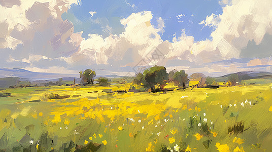 手绘油画风美丽的蓝天白云下一大片绿色草地高清图片