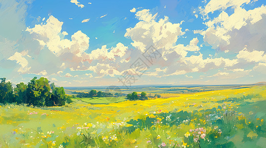 挡片油画风美丽的蓝天白云下一大片绿色草地插画