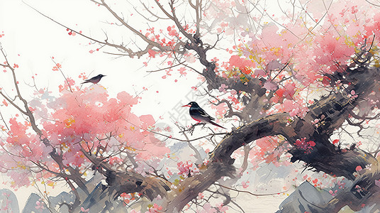 古风山河场景春天开满桃花的古树飞鸟飞过中国风水墨画插画