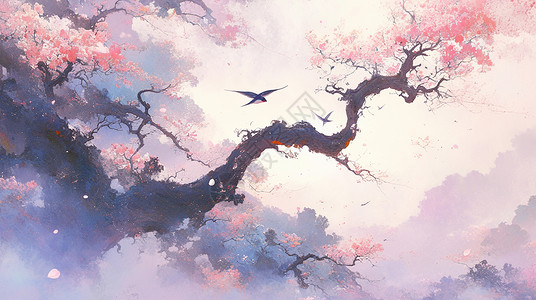 桃花和房子春天开满桃花的古树飞鸟飞过水墨画插画