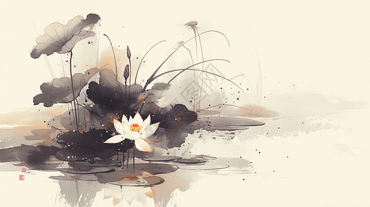 手绘卡通荷叶荷塘中一簇美丽的荷花中国风水墨画插画