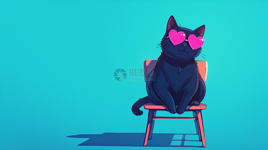 坐在椅子上可爱的卡通小黑猫图片