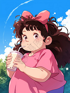 玉蝴蝶茶穿着粉色T恤手拿奶茶戴着粉色的蝴蝶的卡通胖女孩插画