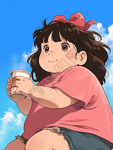 穿着T恤手拿奶茶戴着粉色的蝴蝶的卡通胖女孩高清图片